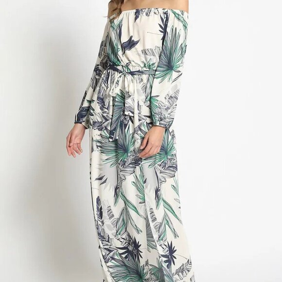 NWT Tropical Palm Print Off Shoulder Maxi Dress 3/4 Sleeve Tie Elastic Waist Lg. - Picture 1 of 4